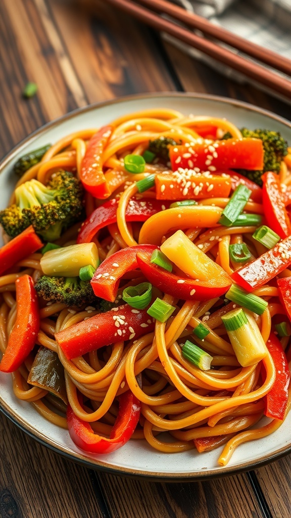 A colorful plate of noodle stir-fry with vegetables, garnished with sesame seeds and green onions.